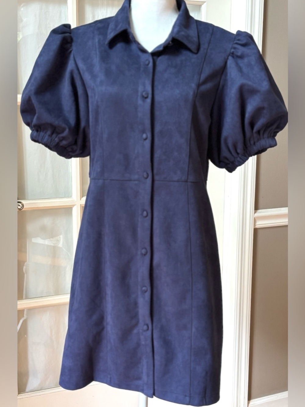 THML Navy Faux Suede Puff Sleeve Button Front Mini Dress M